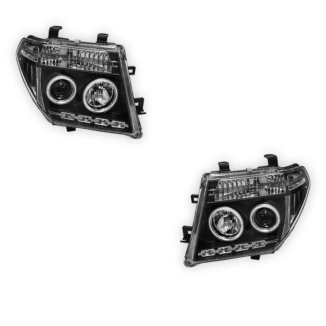 Nissan Navara D40 (2005 - 2014) Black CCFL Angel Eyes Projector Headlights LH + RH