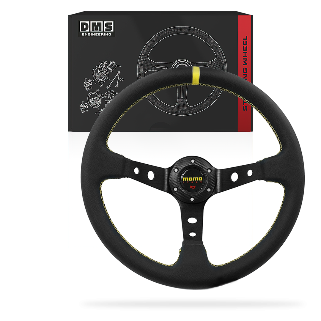 Momo style 350mm Leather Red / Suede Blue / Yellow Stitching Racing 97mm Deep dish Steering Wheel