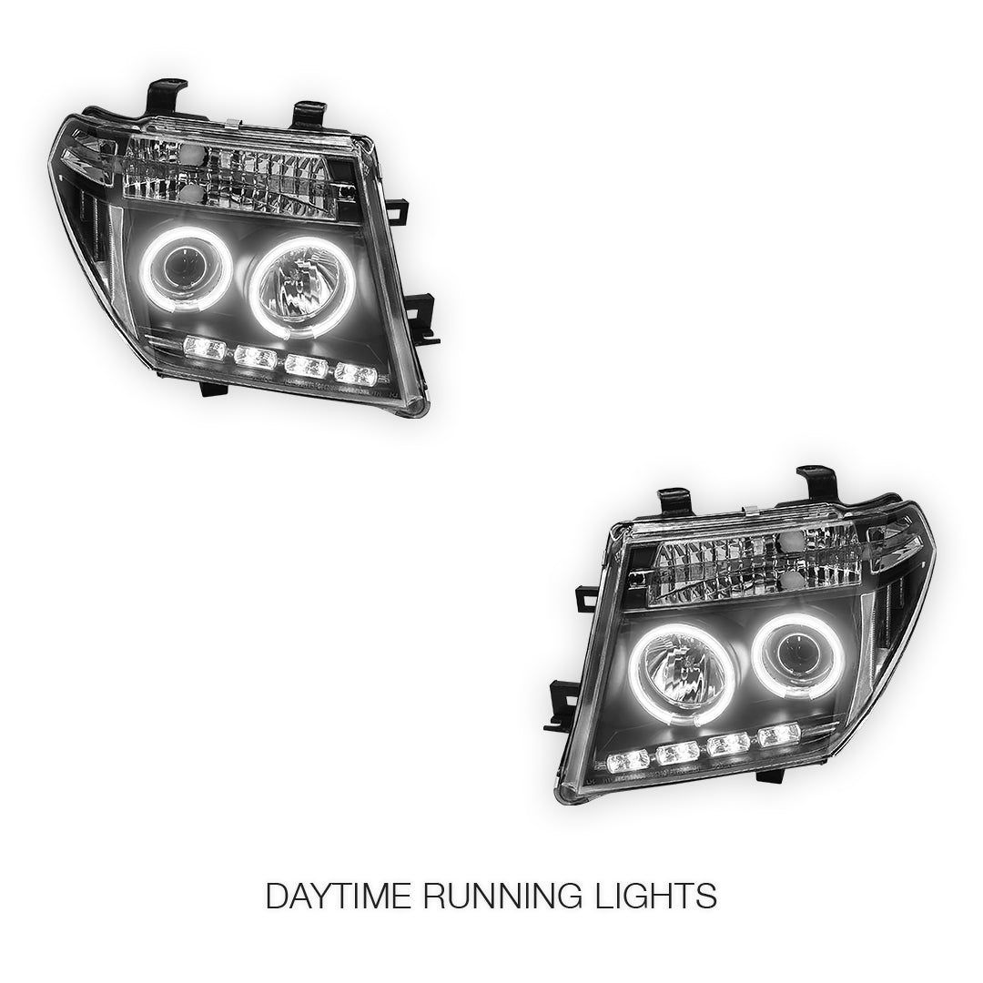 Nissan Navara D40 (2005 - 2014) Black CCFL Angel Eyes Projector Headlights LH + RH