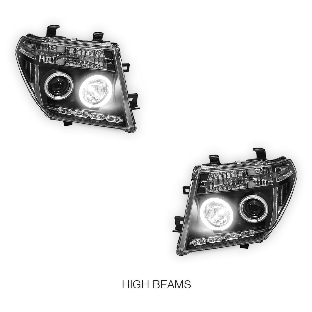 Nissan Navara D40 (2005 - 2014) Black CCFL Angel Eyes Projector Headlights LH + RH