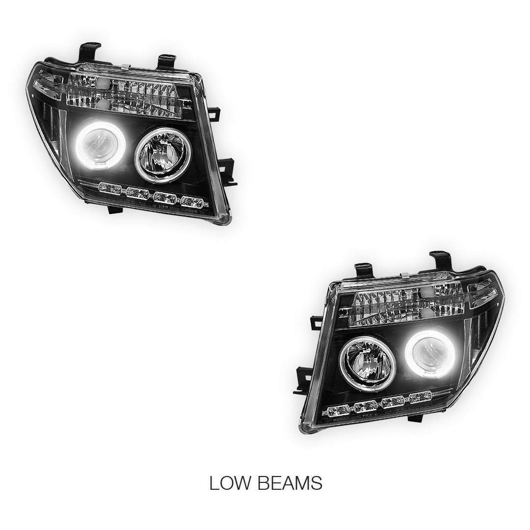 Nissan Navara D40 (2005 - 2014) Black CCFL Angel Eyes Projector Headlights LH + RH