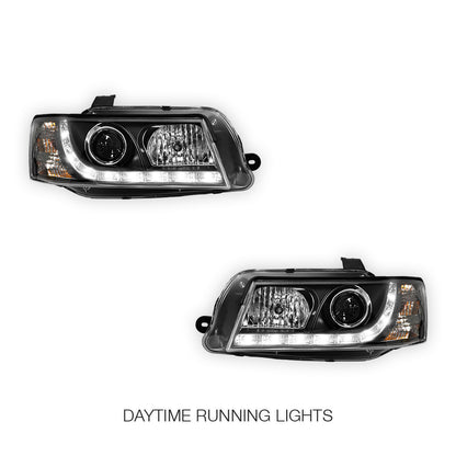 Holden Commodore VZ (2004 - 2007) Black DRL LED Projector Headlights LH + RH