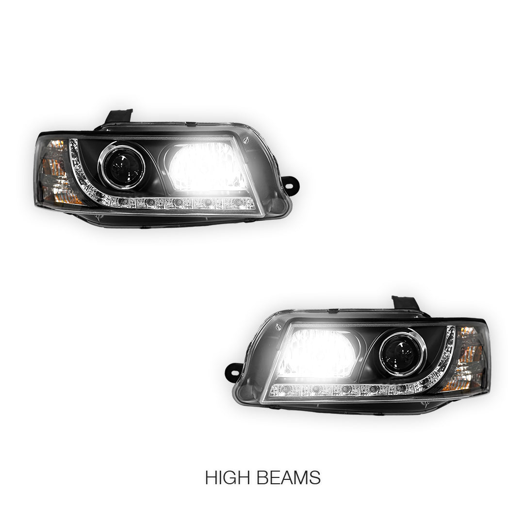 Holden Commodore VZ (2004 - 2007) Black DRL LED Projector Headlights LH + RH