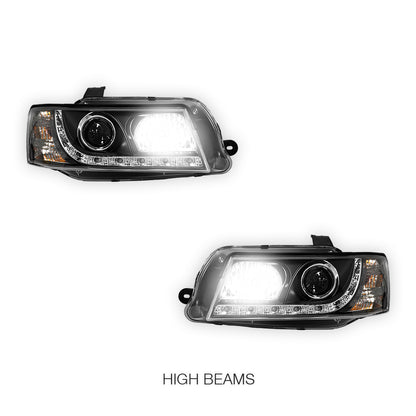 Holden Commodore VZ (2004 - 2007) Black DRL LED Projector Headlights LH + RH