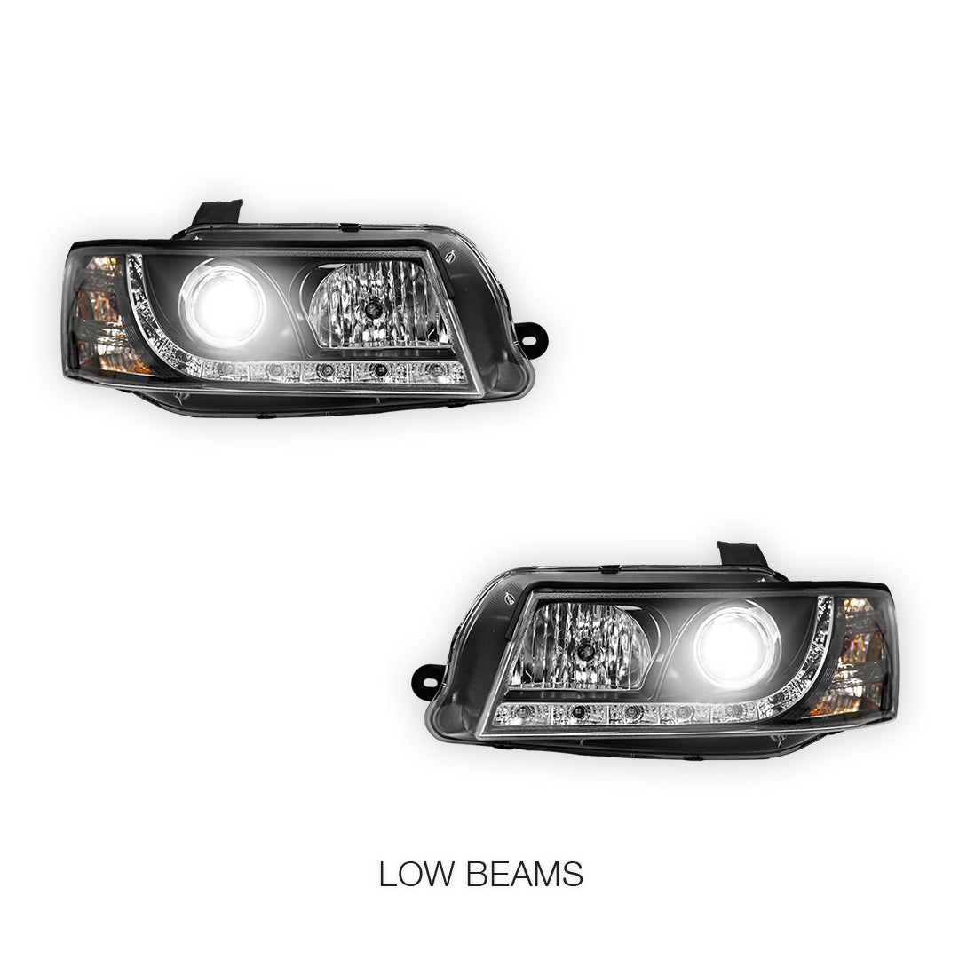 Holden Commodore VZ (2004 - 2007) Black DRL LED Projector Headlights LH + RH
