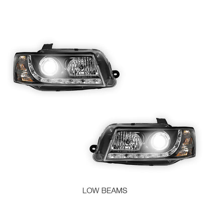 Holden Commodore VZ (2004 - 2007) Black DRL LED Projector Headlights LH + RH