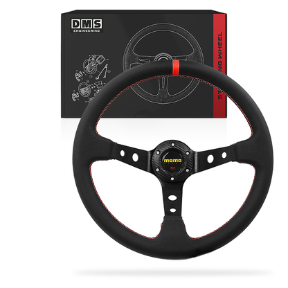 Momo style 350mm Leather Red / Suede Blue / Yellow Stitching Racing 97mm Deep dish Steering Wheel