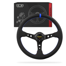 Momo style 350mm Leather Red / Suede Blue / Yellow Stitching Racing 97mm Deep dish Steering Wheel